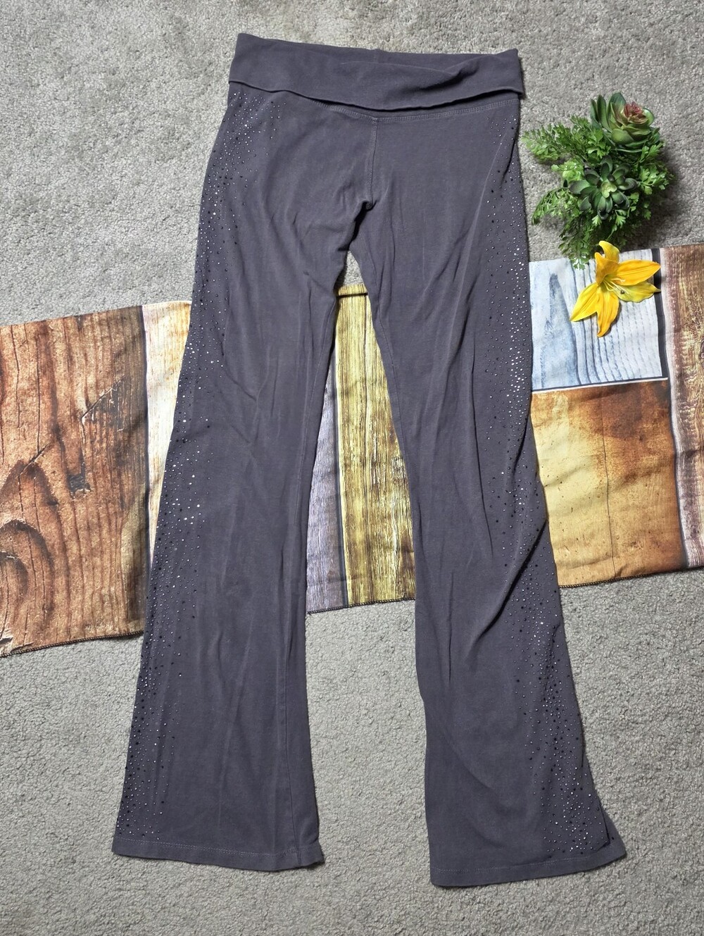 Rhinestone Boot Cut Yoga Pants Active Basic Y2K Style Gray Medium